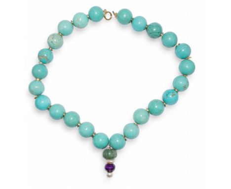 European Contemporary A uniform row turquoise bead necklace, with a melon fluted jade, amethyst and pearl central pendant&nbs