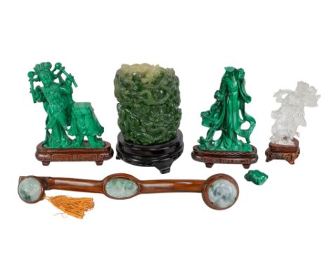 Chinese, A group of seven decorative items To include: [a]&nbsp;Tittot, An amber-coloured crystal sculpture of a foo dog with