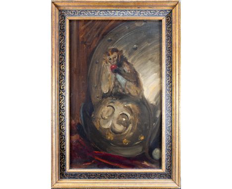 Attributed to Wilhelm Busch (German, 1832-1908) A monkey eating a cherry Oil on canvas Dimensions (Frame) 29 in. (H) x 20 in.