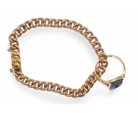 A child's 9 carat gold curb link bracelet and an 18 carat gold and bloodstone signet ring  Weight: [a] 6.84 grams [b] 5 grams