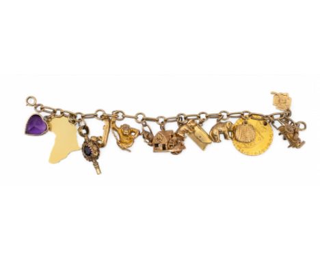 British Circa 1930s and earlier A gold charm bracelet. The charms including a 1793 guinea, a monkey with rose cut diamond eye