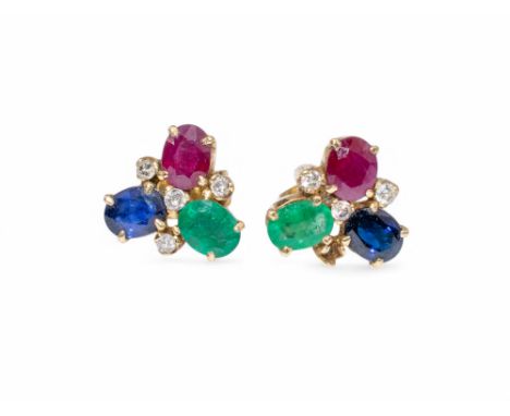 A pair of yellow gold, emerald, ruby, sapphire and diamond cluster earrings  Weight: 4.01 grams
