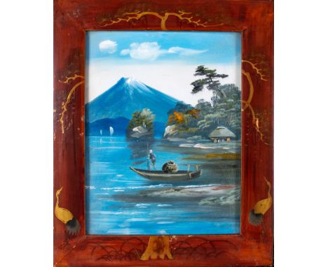 Two contemporary Japanese landscapes in decorative frames Together with a coloured glass Val Saint Lambert Art Deco vase, sig