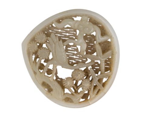 Chinese Late Ming Two mutton fat coloured jade pierced plaques. One with two birds amongst foliage in a whiteish jade, the ot