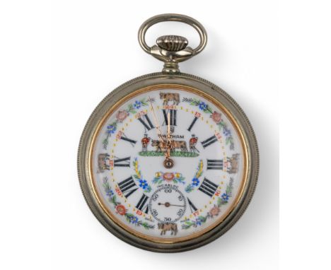 Swiss, Early 20th century A Waltham silver metal pocket watch, with beautifully enamelled dial and Roman numerals enamelled w