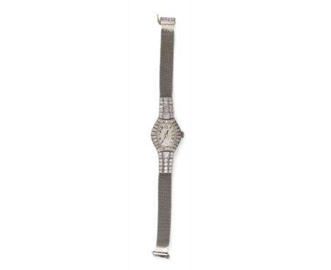 Art Deco, circa 1925 An elegant diamond wristwatch, the tonneau shaped dial painted with black numerals, fan shaped two row d