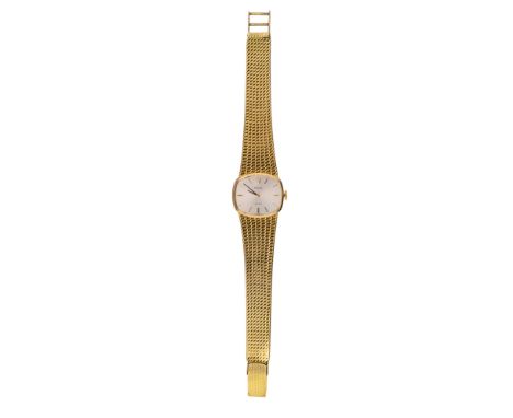 Rolex A ladies 18 carat gold 'Orchid' wristwatch. The cushion shaped silvered dial with baton numerals on a tapering flexible