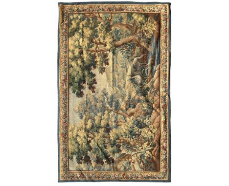 French 19th century or later An Aubusson verdure tapestry  The field depicting a rural setting with birds at water. A village