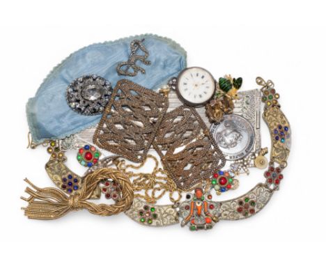 A mixed lot of paste jewellery, an antique silver mesh link bracelet and a pair of antique cut steel shoe buckles  To be&nbsp