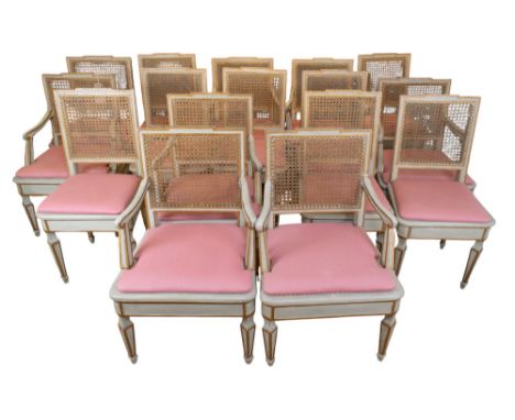 Austrian or North Italian 18th/19th century A set of sixteen grey painted antique chairs, with drop on pink upholstered seats
