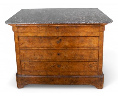 French c. 1830s A Louis Philippe walnut veneer commode with marble top. With four drawers, with original keys  Dimensions: 38