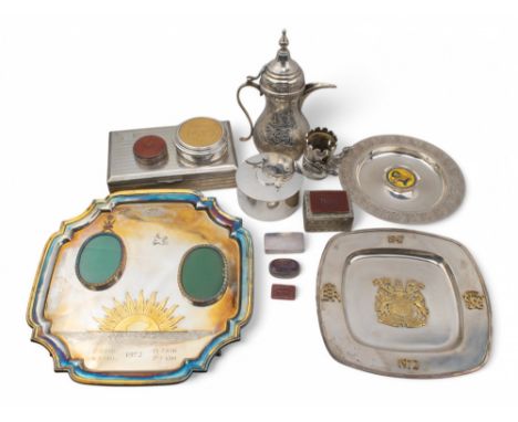 A group of silver items To include: [a] Middle Eastern, A silver coffee pot. Hallmarked. [b] An Ari D Norman&nbsp;silver pict