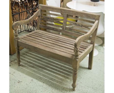 BENCH, Colonial style teak with slatted seat and carved back, 98cm W.