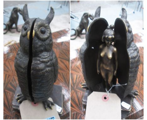 BRONZE STATUE, of a owl with lady inside, 20cm H.