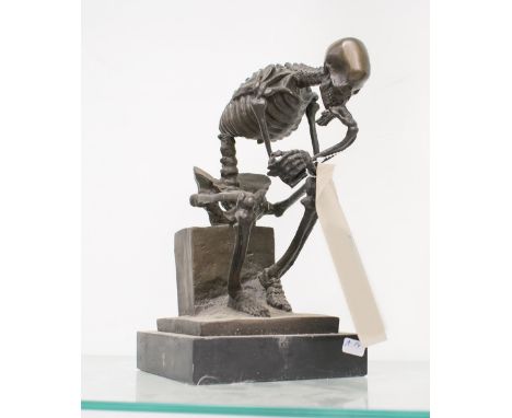 BRONZE SKELETON OF THE THINKER, on marble base, 25cm H.