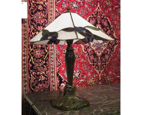 TABLE LAMP, Tiffany style bronzed metal with floral stained glass shade, 51cm H x 46cm W.