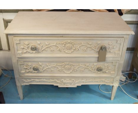 COMMODE, Italian grey painted, carved with two drawers, 180cm x 51cm x 8cm H.