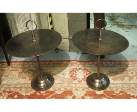 OCCASIONAL TABLES, a pair, bronze with a ring handle over a circular top, 50cm diam x 71cm H. (2)