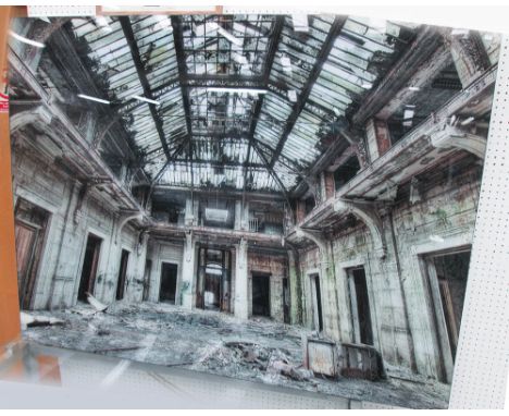20TH CENTURY PHOTO PRINT, of a deserted building on acrylic, 160cm x 120cm.