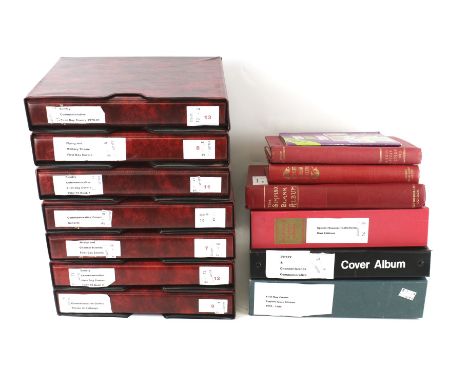 A large collection of stamp albums and first day covers. Including seven dark red portfolios, Jersey and Channel Islands, min