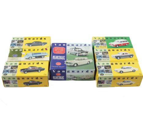 Seven Vanguards diecast models. 1:43 scale, including a Rover P4, a Ford 300E Thames Van, etc, all in the original boxes