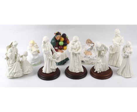 A collection of assorted ceramic figures. Including Royal Worcester and Royal Doulton 'The Old Balloon' HN1315. Max H21cm