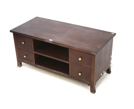 An contemporary hardwood entertainment storage unit. With two drawers either side of an open shelf section. L108cm x D50cm x 