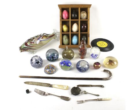 An assortment of collectables. Comprising glass paperweights including Caithness and Selkirk Glass examples, flatware, marble