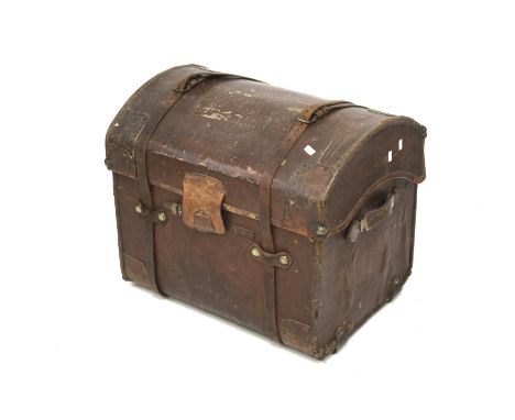 A vintage Drew & Sons dome top trunk. Covered in brown fabric with leather straps, H60cm x W70cm x D53cm