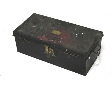 A vintage metal storage trunk. Painted black with twin handles, L78cm