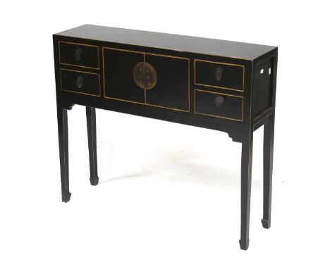 A Chinese style black lacquer console table. L100cm x D26cm x H85cm
