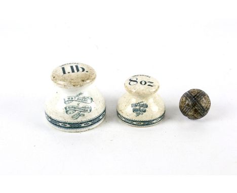 Two W. T. Avery, Birmingham shop scale weights and a Scottish ceramic banded carpet bowl. The weights comprising 1lb and a 8o