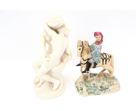 Two contemporary ceramic figurines. Comprising a Barbara Gay 'The Knight' pottery figure, H18cm and 'The Kiss' H22cm