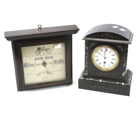 A Kemp Brothers barometer and a 20th century mantle clock. The mantle clock with a white enamel dial with Roman numerals, the