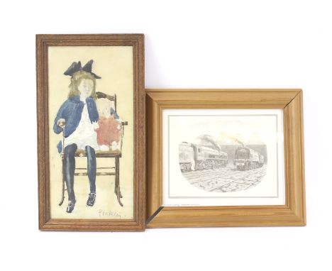 P Oakley watercolour painting, 'girl with a doll' and a print of a locomotive. Both framed and glazed, the watercolour 17cm x