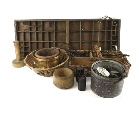 An assortment of collectables. Including a printer's tray, set of brass scales, metalware, etc.