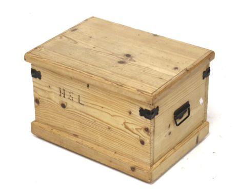 A small vintage pine trunk. Studded with the initials 'HSL', H33cm x W51cm x D37cm
