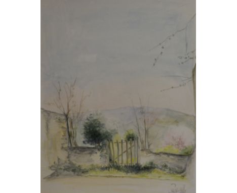 Van Hille, watercolour, Gate and Garden scene, 50 x 40cm.