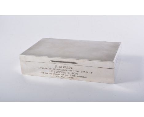 Silver presentation cigarette box, Birmingham 1955, engraved inscription, engine turned lid, cedar wood lined, width 16.5cm.