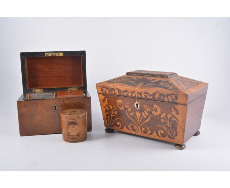 Victorian rosewood and satinwood inlaid tea caddy, sarcophagus shape, 24cm, a walnut domed tea caddy, other caddies in boxes,