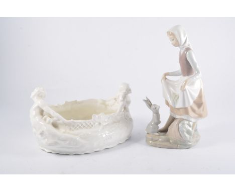 Victorian Printware meat plate, damaged, Lladro figure, green glaze jardiniere and a shallow dish. (4)
