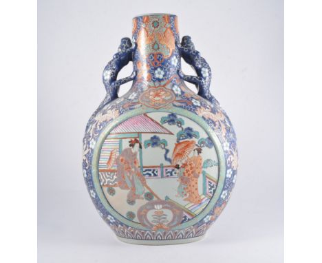 Large Chinese Moon Flask, twin dragon handles, each side painted with a panel of figures on a terrace, on a ground of flowers