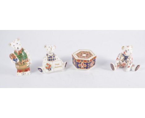 Royal Crown Derby - Happy Anniversary Teddy, boxed, Gardening teddy, boxed, Sitting teddy, no box, Fleur de Lys hexagonal tri