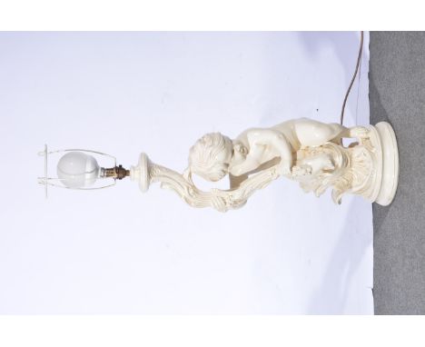 Ceramic table lamp, Cherub holding a branch, with shade, 70cm without shade.