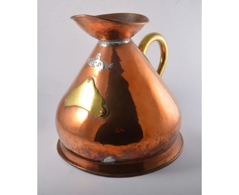 Large copper haystack measure with brass handle and plate reading "Peter Walker & Son Limited Liverpool", 39cm high, diameter
