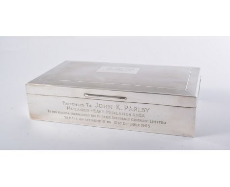 Silver presentation cigar box, London 1963, engraved inscription, engine turned lid, cedar wood lined, width 24cm.