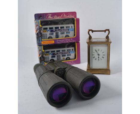 Binoculars, French carriage clock, Matchbox toy, etc.