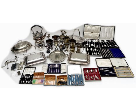 A quantity of silver plated items, including a cased set of six silver handled butter knives, Alfred Biggin &amp; Son, Sheffi