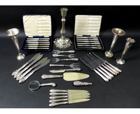 A collection of Edwardian and later silver, including two George VI cased sets of six silver handled butter knives, one by Wi