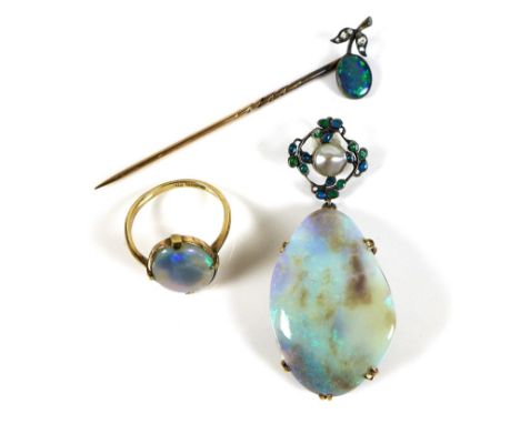 A group of opal jewellery, comprising a large baroque opal pendant suspended from a pearl and enamel floral design setting, 5